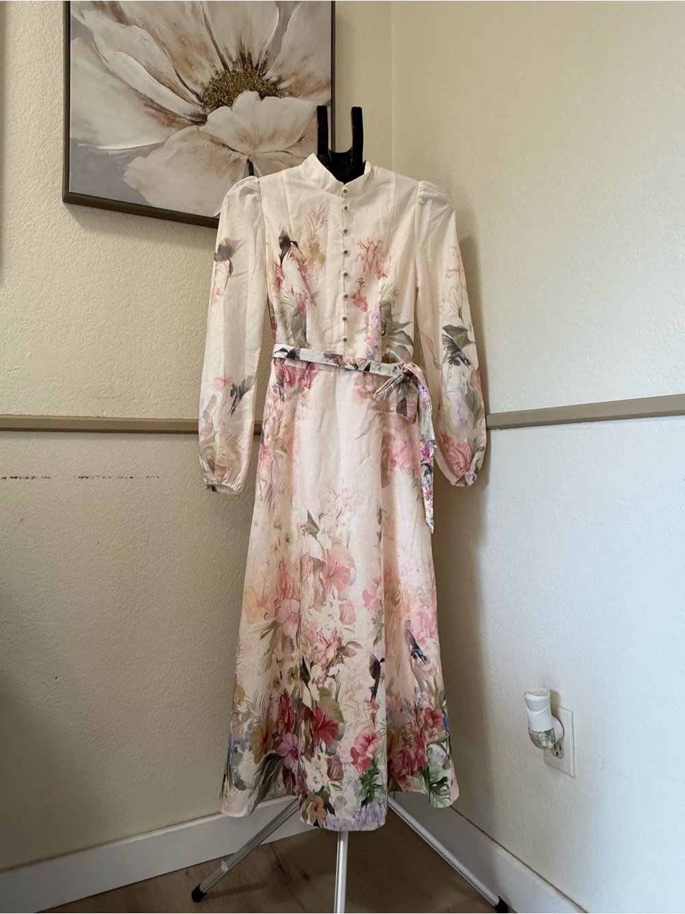 Commense Apricot Floral Balloon Sleeve Belted Dress S | Romantic Statement Dress - Picture 7 of 7